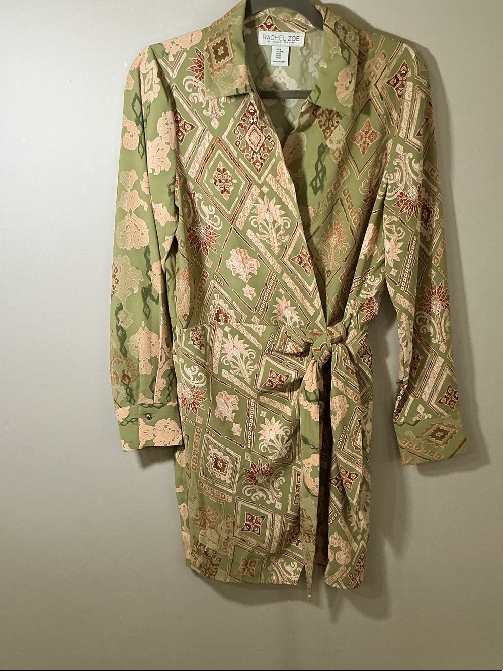 Rachel Zoe Olive Green and Cream Printed Wrap Shirt Dress size medium